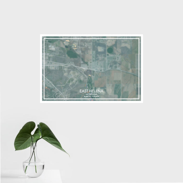 16x24 East Helena Montana Map Print Landscape Orientation in Afternoon Style With Tropical Plant Leaves in Water