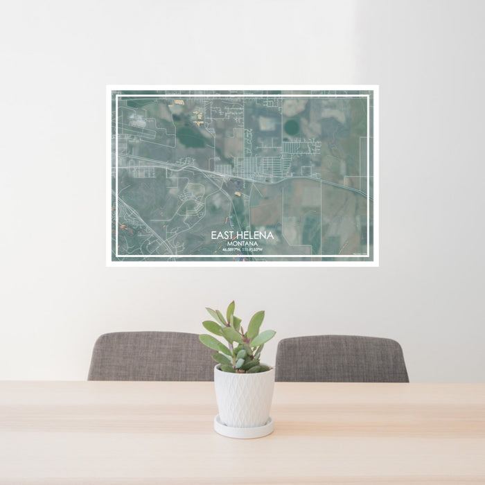 24x36 East Helena Montana Map Print Lanscape Orientation in Afternoon Style Behind 2 Chairs Table and Potted Plant
