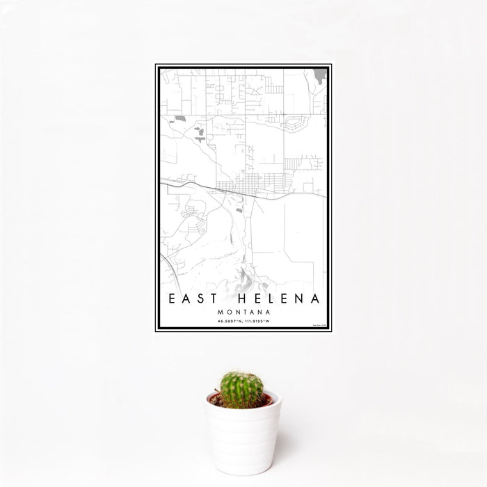 12x18 East Helena Montana Map Print Portrait Orientation in Classic Style With Small Cactus Plant in White Planter