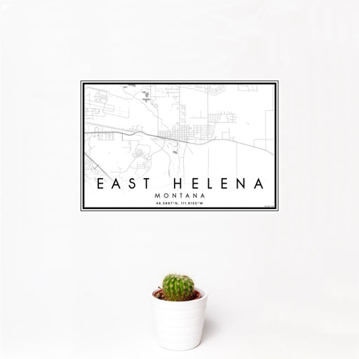 12x18 East Helena Montana Map Print Landscape Orientation in Classic Style With Small Cactus Plant in White Planter