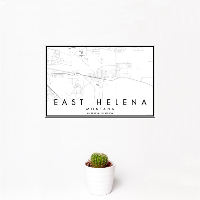12x18 East Helena Montana Map Print Landscape Orientation in Classic Style With Small Cactus Plant in White Planter