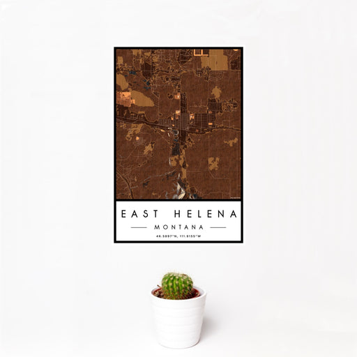 12x18 East Helena Montana Map Print Portrait Orientation in Ember Style With Small Cactus Plant in White Planter