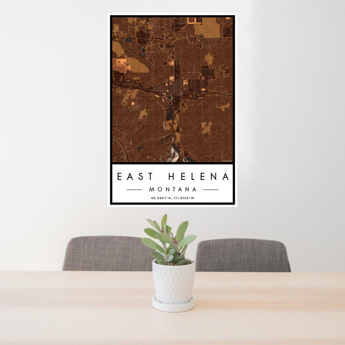 24x36 East Helena Montana Map Print Portrait Orientation in Ember Style Behind 2 Chairs Table and Potted Plant