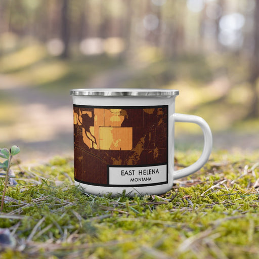 Right View Custom East Helena Montana Map Enamel Mug in Ember on Grass With Trees in Background