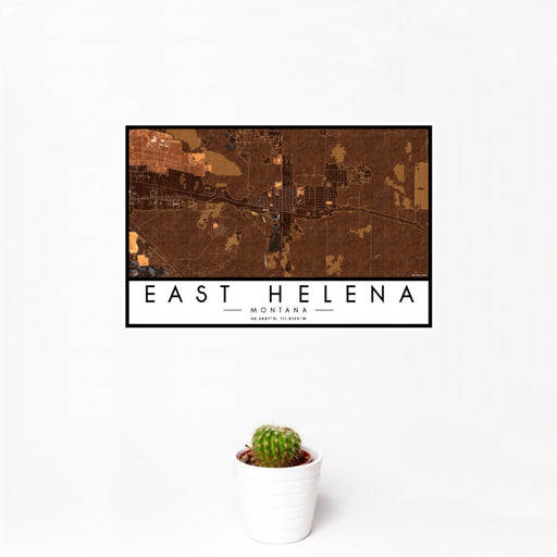 12x18 East Helena Montana Map Print Landscape Orientation in Ember Style With Small Cactus Plant in White Planter