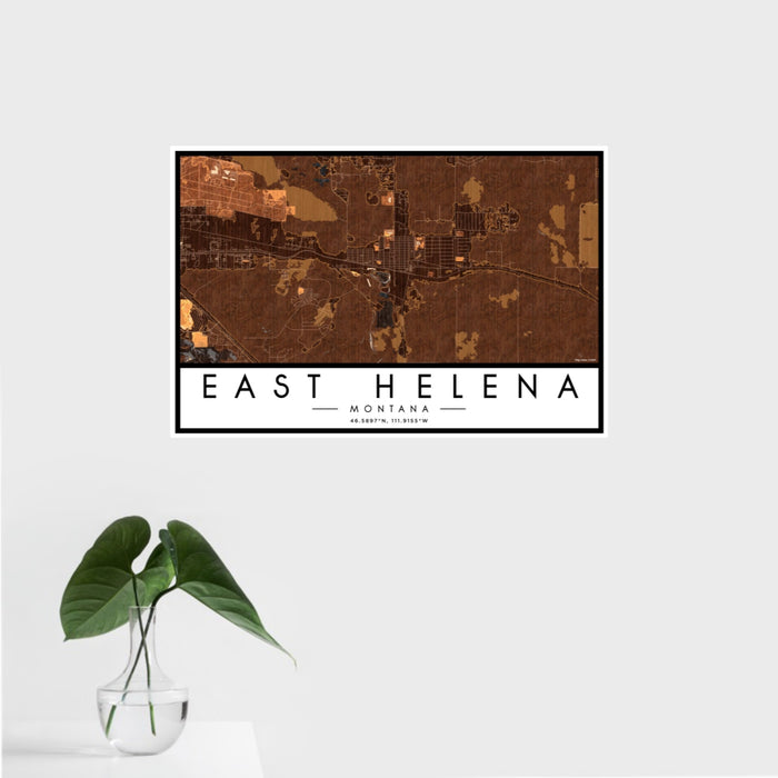 16x24 East Helena Montana Map Print Landscape Orientation in Ember Style With Tropical Plant Leaves in Water