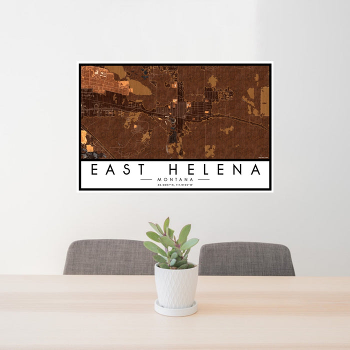 24x36 East Helena Montana Map Print Landscape Orientation in Ember Style Behind 2 Chairs Table and Potted Plant