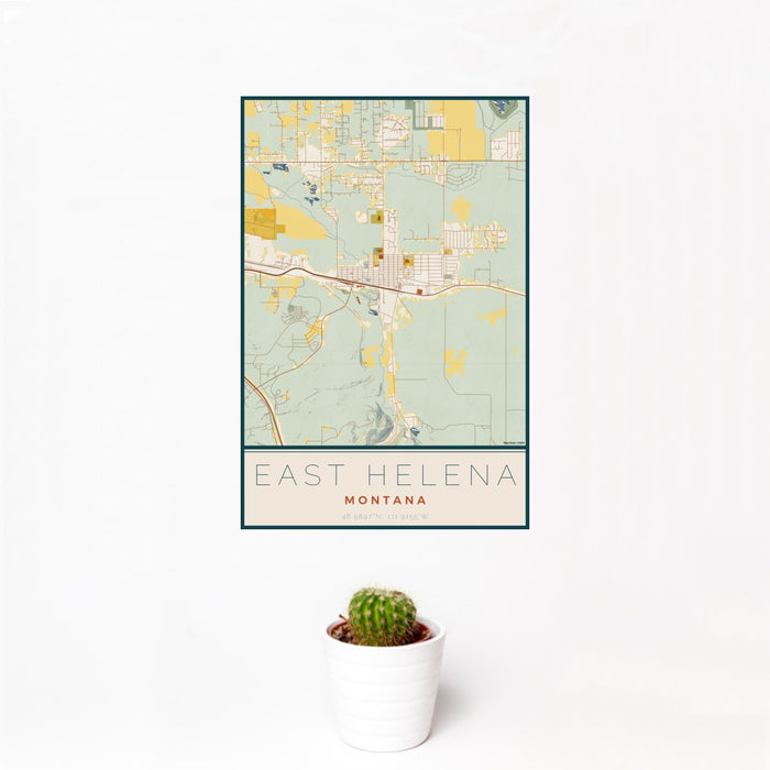 12x18 East Helena Montana Map Print Portrait Orientation in Woodblock Style With Small Cactus Plant in White Planter