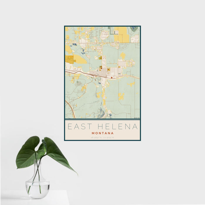 16x24 East Helena Montana Map Print Portrait Orientation in Woodblock Style With Tropical Plant Leaves in Water