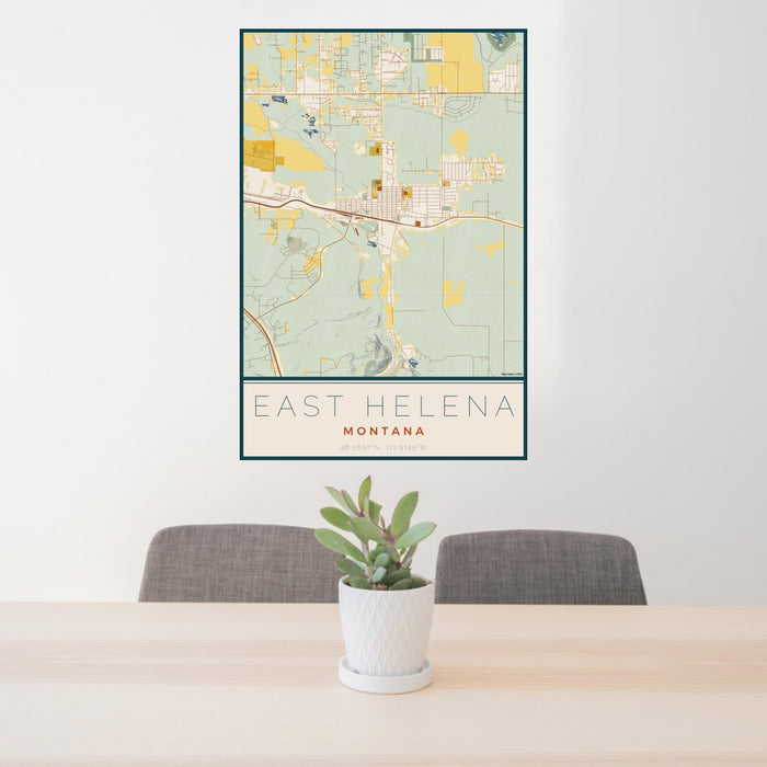 24x36 East Helena Montana Map Print Portrait Orientation in Woodblock Style Behind 2 Chairs Table and Potted Plant