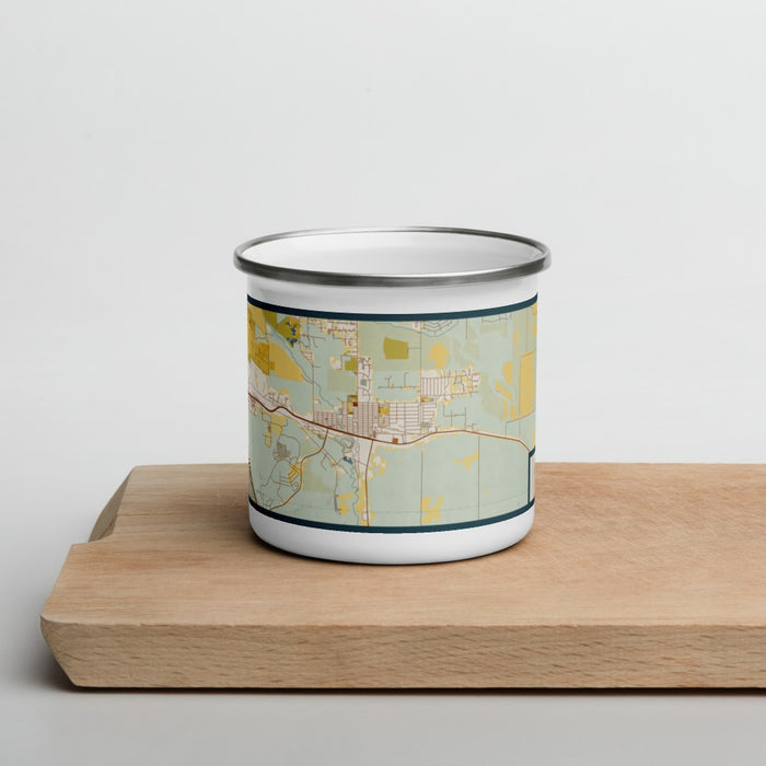 Front View Custom East Helena Montana Map Enamel Mug in Woodblock on Cutting Board