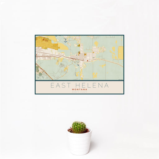 12x18 East Helena Montana Map Print Landscape Orientation in Woodblock Style With Small Cactus Plant in White Planter