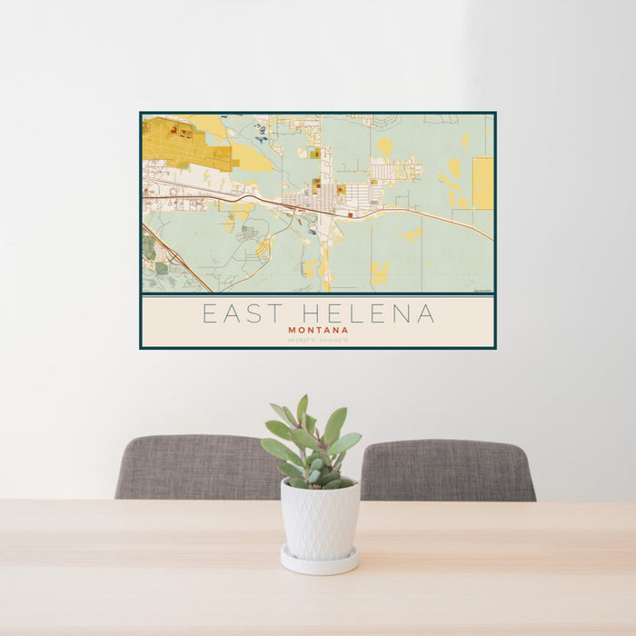24x36 East Helena Montana Map Print Landscape Orientation in Woodblock Style Behind 2 Chairs Table and Potted Plant