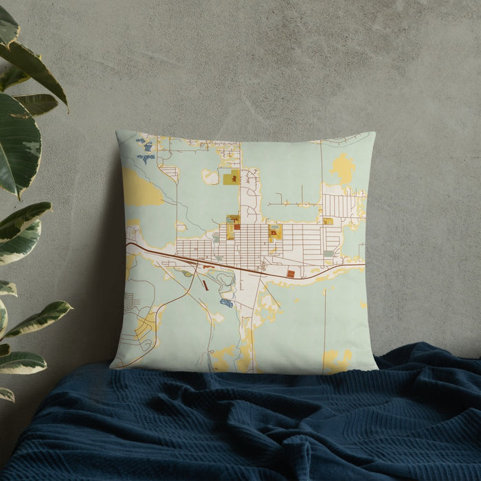 Custom East Helena Montana Map Throw Pillow in Woodblock on Bedding Against Wall