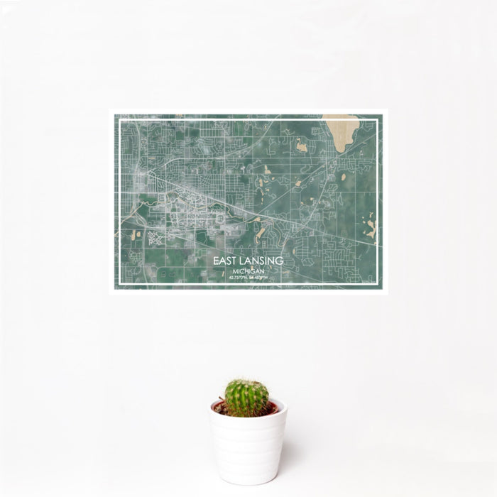 12x18 East Lansing Michigan Map Print Landscape Orientation in Afternoon Style With Small Cactus Plant in White Planter