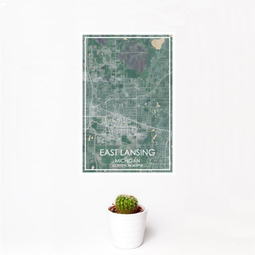 12x18 East Lansing Michigan Map Print Portrait Orientation in Afternoon Style With Small Cactus Plant in White Planter