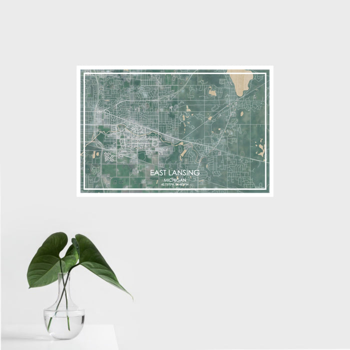 16x24 East Lansing Michigan Map Print Landscape Orientation in Afternoon Style With Tropical Plant Leaves in Water