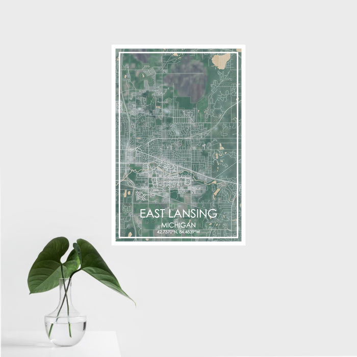 16x24 East Lansing Michigan Map Print Portrait Orientation in Afternoon Style With Tropical Plant Leaves in Water