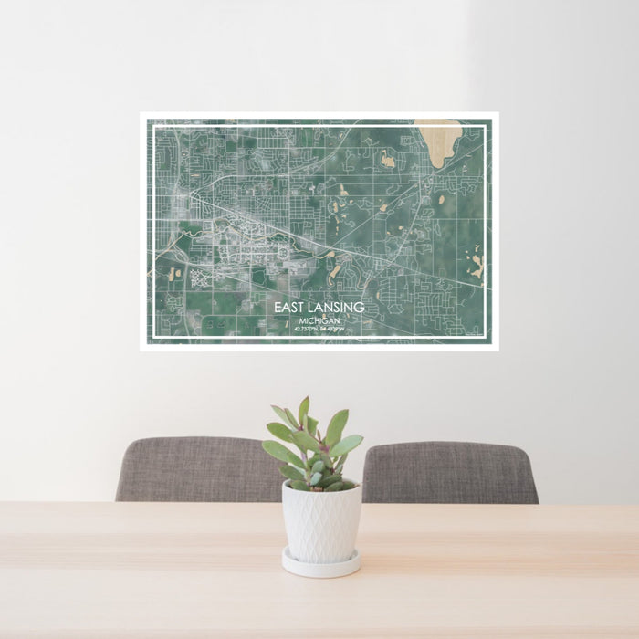 24x36 East Lansing Michigan Map Print Lanscape Orientation in Afternoon Style Behind 2 Chairs Table and Potted Plant