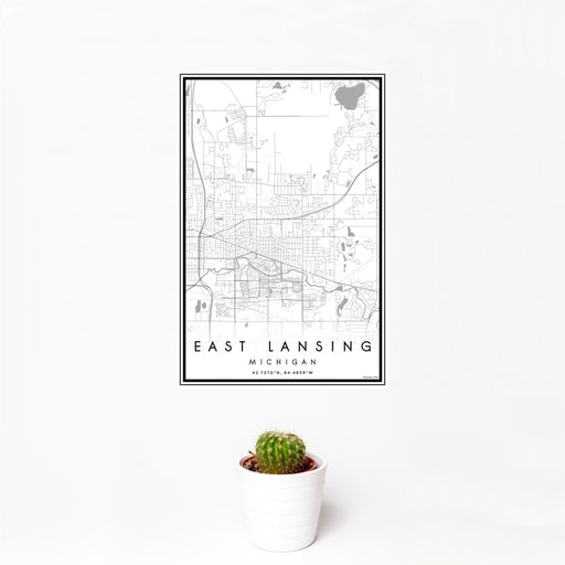12x18 East Lansing Michigan Map Print Portrait Orientation in Classic Style With Small Cactus Plant in White Planter