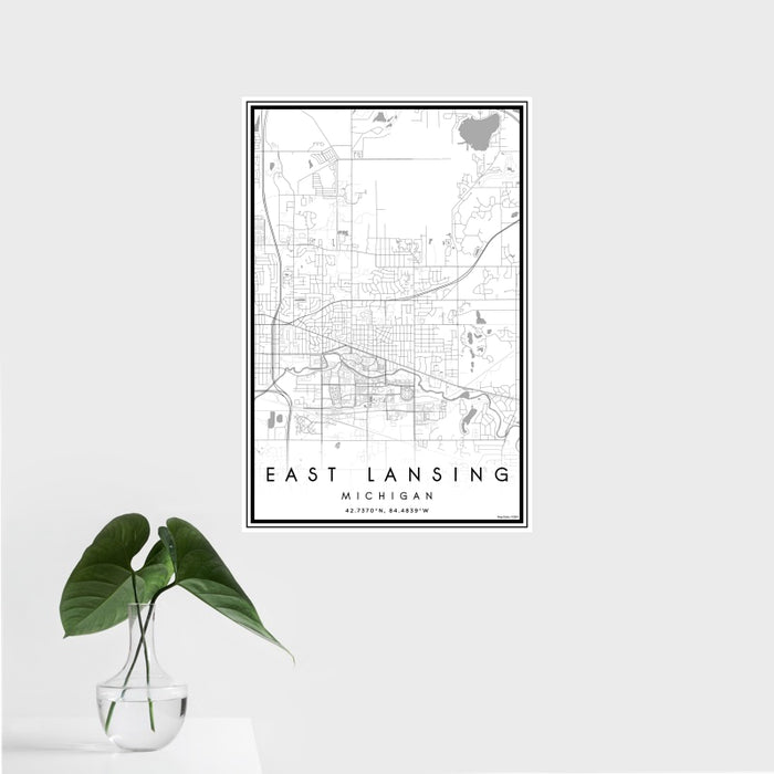 16x24 East Lansing Michigan Map Print Portrait Orientation in Classic Style With Tropical Plant Leaves in Water