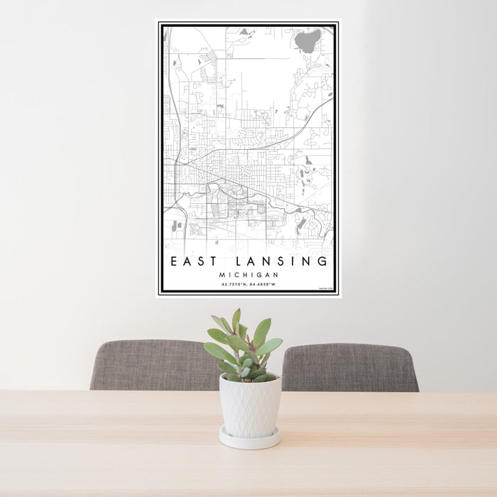 24x36 East Lansing Michigan Map Print Portrait Orientation in Classic Style Behind 2 Chairs Table and Potted Plant