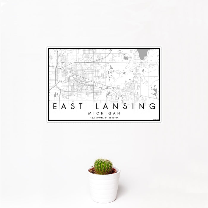 12x18 East Lansing Michigan Map Print Landscape Orientation in Classic Style With Small Cactus Plant in White Planter
