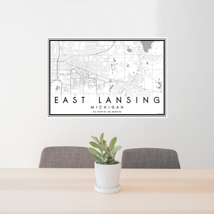 24x36 East Lansing Michigan Map Print Landscape Orientation in Classic Style Behind 2 Chairs Table and Potted Plant