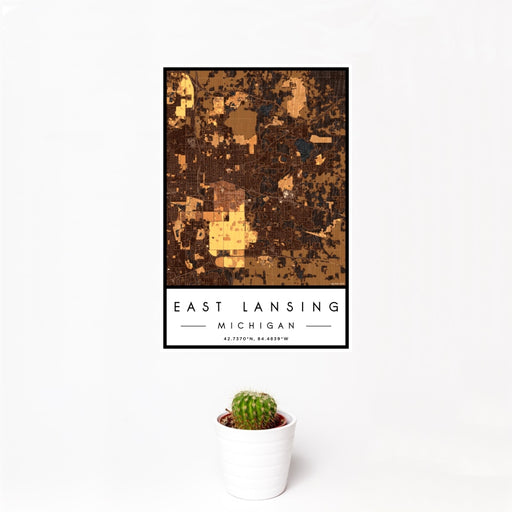 12x18 East Lansing Michigan Map Print Portrait Orientation in Ember Style With Small Cactus Plant in White Planter