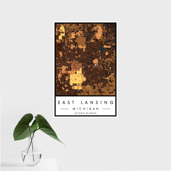 16x24 East Lansing Michigan Map Print Portrait Orientation in Ember Style With Tropical Plant Leaves in Water