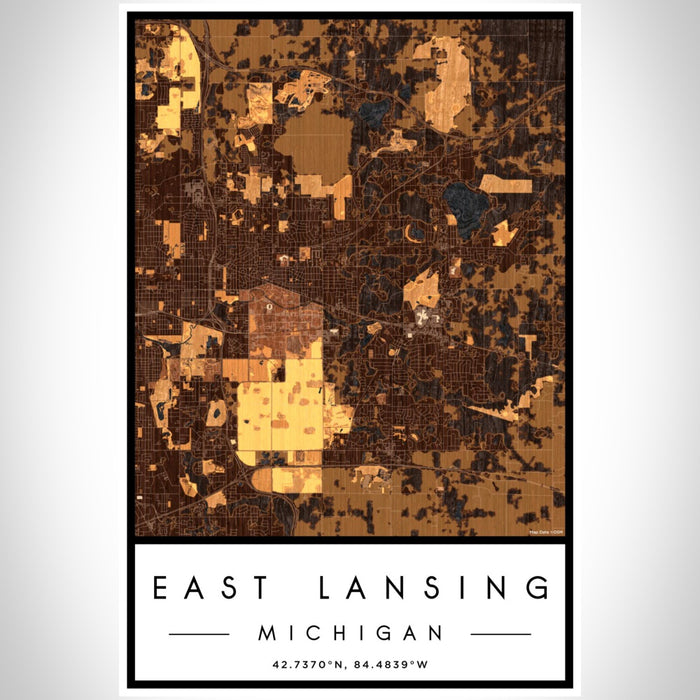 East Lansing Michigan Map Print Portrait Orientation in Ember Style With Shaded Background