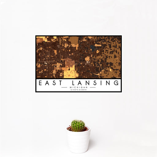 12x18 East Lansing Michigan Map Print Landscape Orientation in Ember Style With Small Cactus Plant in White Planter