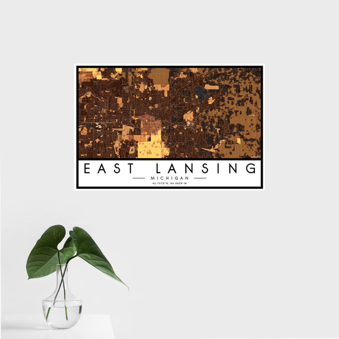 16x24 East Lansing Michigan Map Print Landscape Orientation in Ember Style With Tropical Plant Leaves in Water