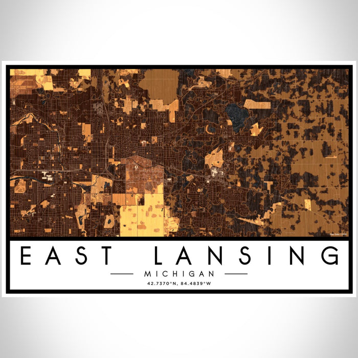 East Lansing Michigan Map Print Landscape Orientation in Ember Style With Shaded Background