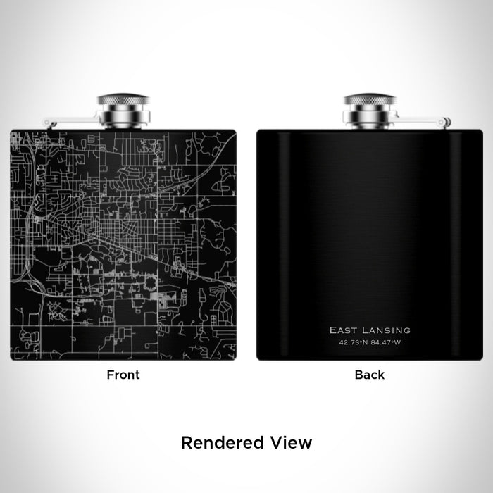 Rendered View of East Lansing Michigan Map Engraving on 6oz Stainless Steel Flask in Black