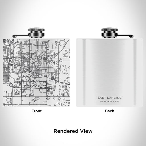 Rendered View of East Lansing Michigan Map Engraving on 6oz Stainless Steel Flask in White