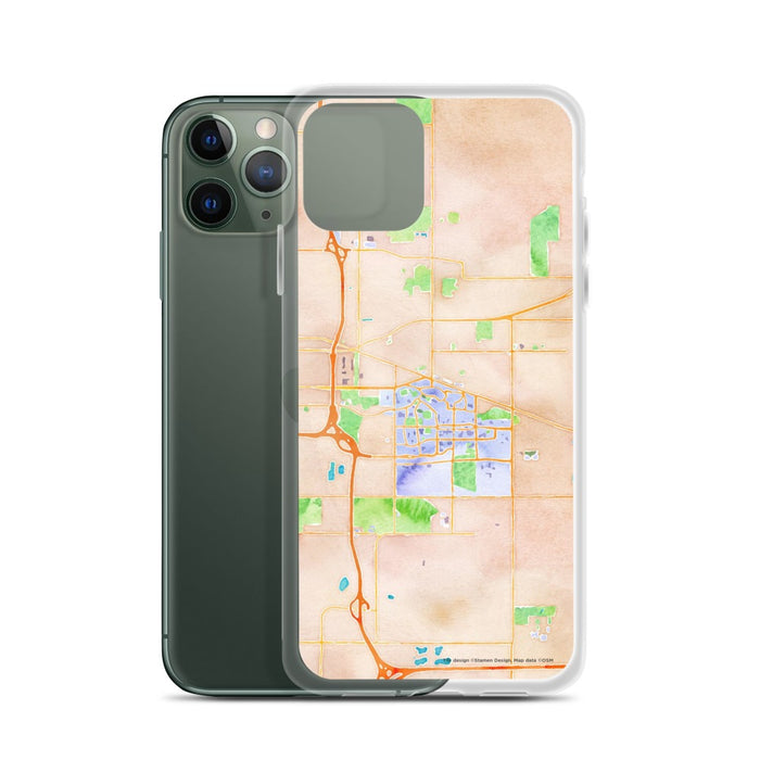 Custom East Lansing Michigan Map Phone Case in Watercolor on Table with Laptop and Plant