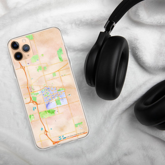 Custom East Lansing Michigan Map Phone Case in Watercolor on Table with Black Headphones