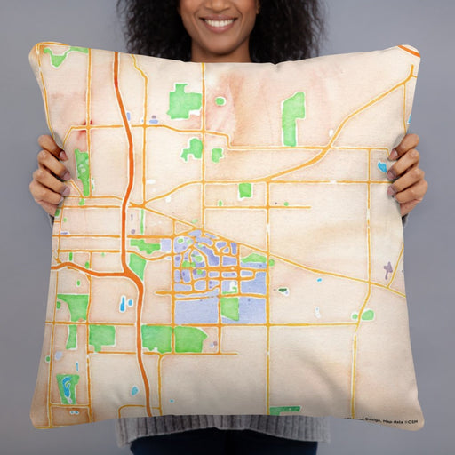 Person holding 22x22 Custom East Lansing Michigan Map Throw Pillow in Watercolor