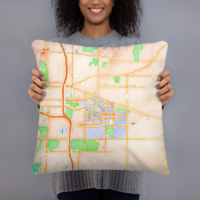 Person holding 18x18 Custom East Lansing Michigan Map Throw Pillow in Watercolor