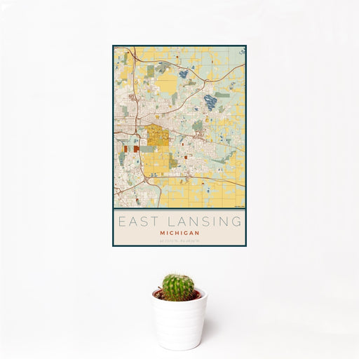 12x18 East Lansing Michigan Map Print Portrait Orientation in Woodblock Style With Small Cactus Plant in White Planter