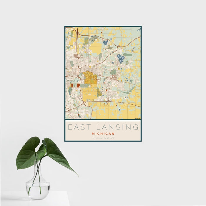 16x24 East Lansing Michigan Map Print Portrait Orientation in Woodblock Style With Tropical Plant Leaves in Water