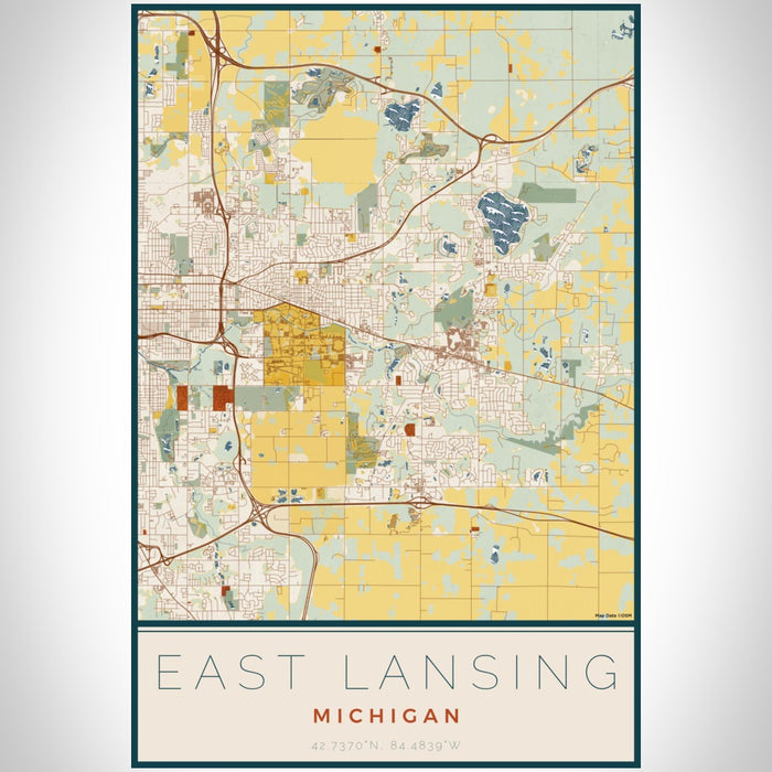 East Lansing Michigan Map Print Portrait Orientation in Woodblock Style With Shaded Background