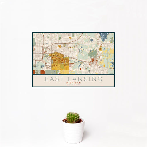 12x18 East Lansing Michigan Map Print Landscape Orientation in Woodblock Style With Small Cactus Plant in White Planter