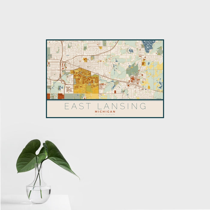 16x24 East Lansing Michigan Map Print Landscape Orientation in Woodblock Style With Tropical Plant Leaves in Water