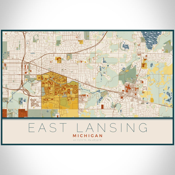 East Lansing Michigan Map Print Landscape Orientation in Woodblock Style With Shaded Background