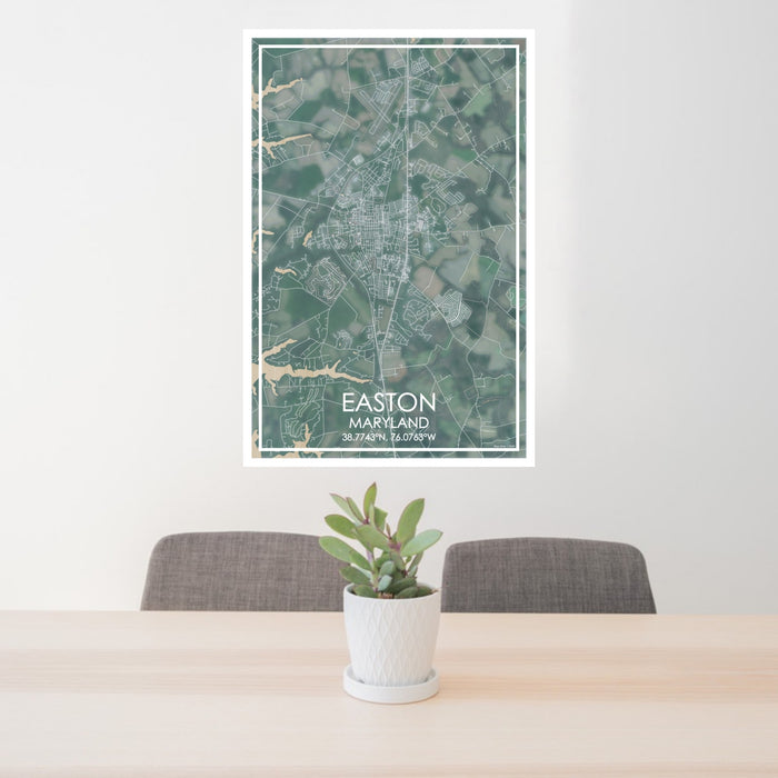 24x36 Easton Maryland Map Print Portrait Orientation in Afternoon Style Behind 2 Chairs Table and Potted Plant