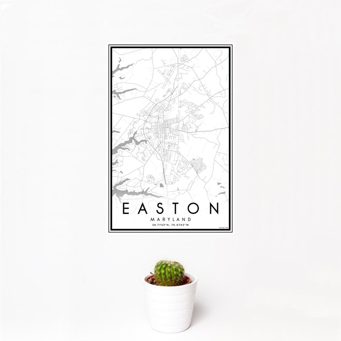 12x18 Easton Maryland Map Print Portrait Orientation in Classic Style With Small Cactus Plant in White Planter