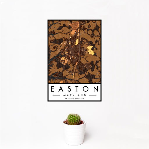 12x18 Easton Maryland Map Print Portrait Orientation in Ember Style With Small Cactus Plant in White Planter