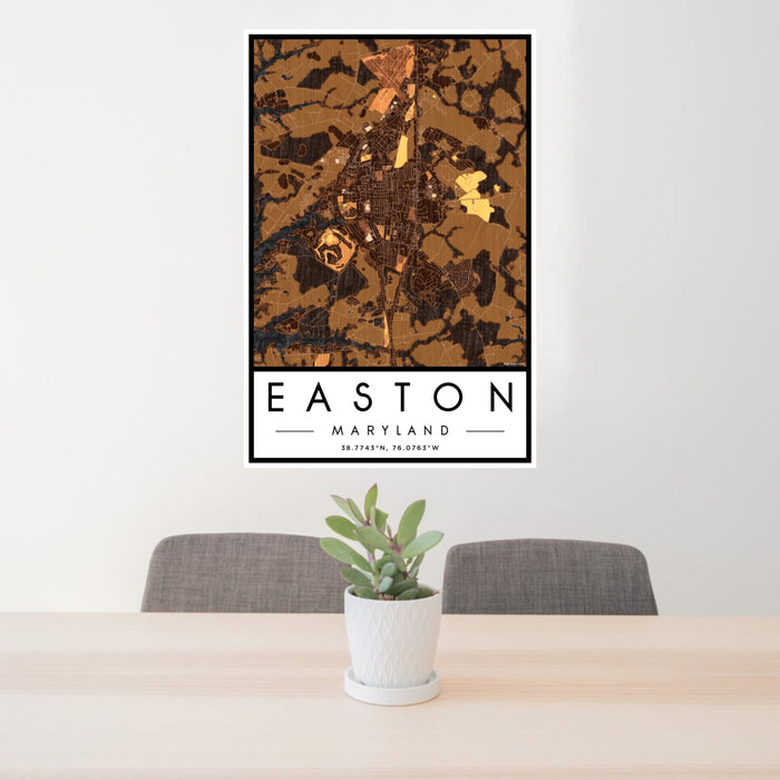 24x36 Easton Maryland Map Print Portrait Orientation in Ember Style Behind 2 Chairs Table and Potted Plant